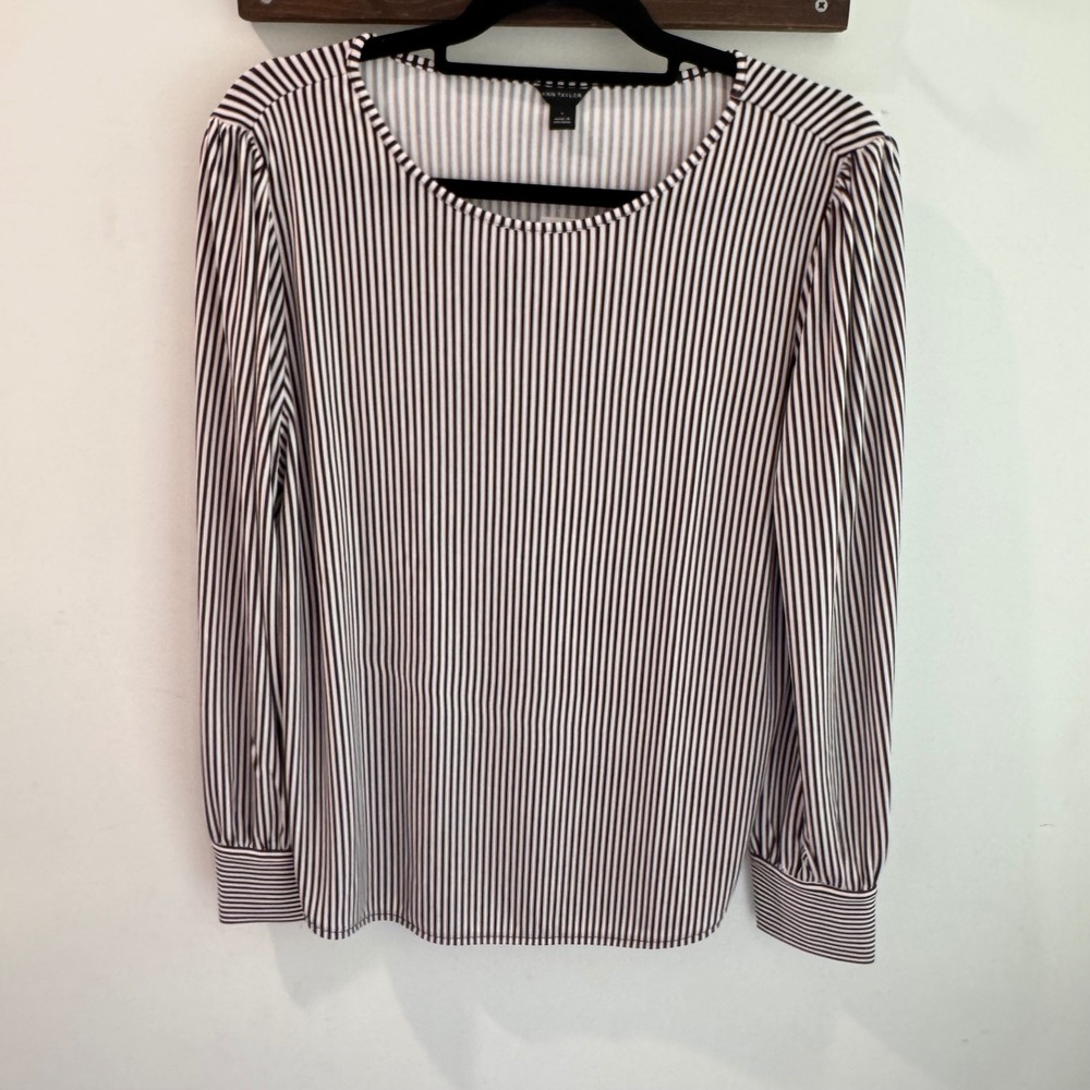 Ann Taylor Chocolate Brown White Striped Puff‎ Sleeve Blouse Top NWT Large